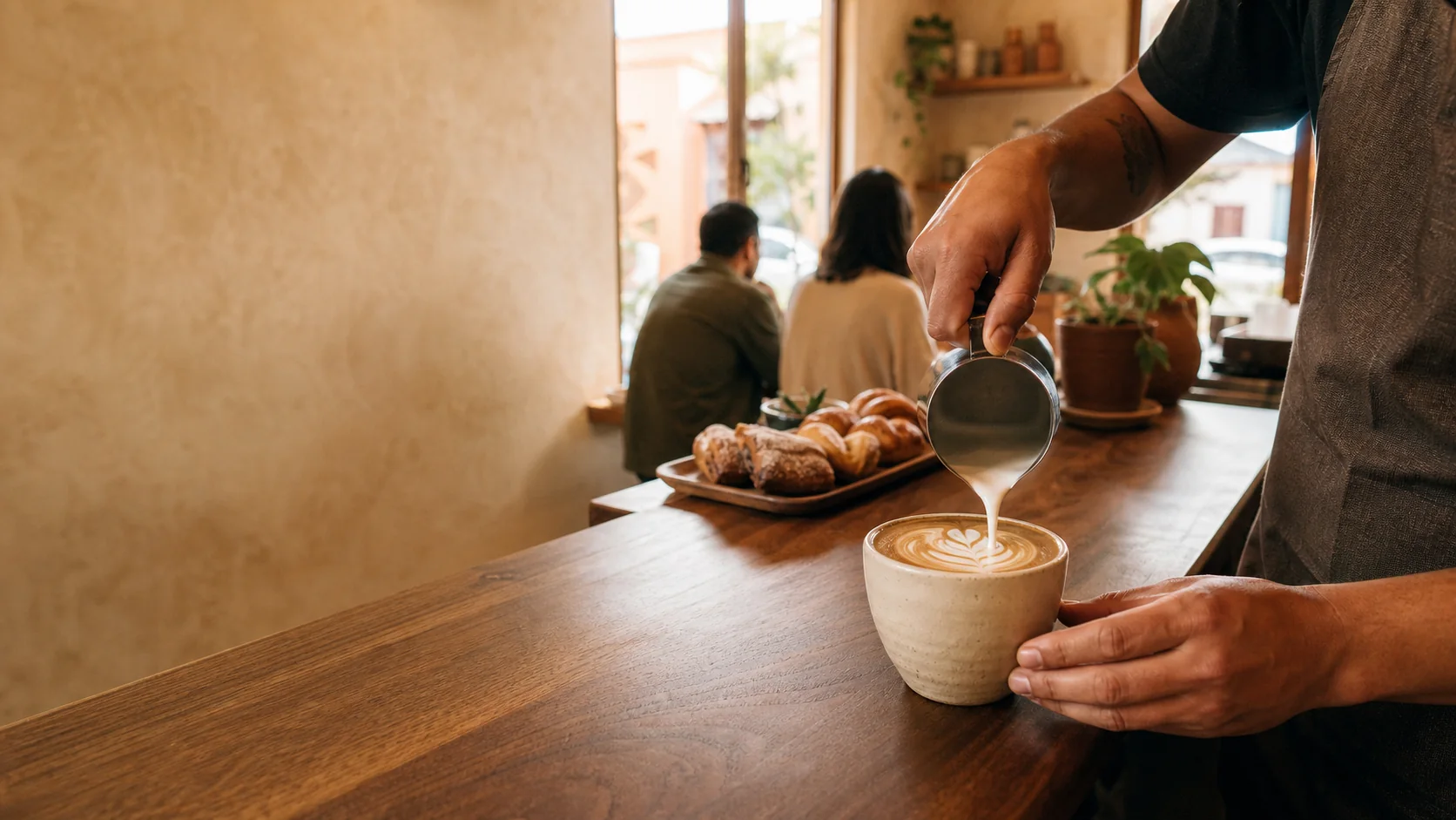 Barista sirviendo arte latte en una cafetería cálida de barrio