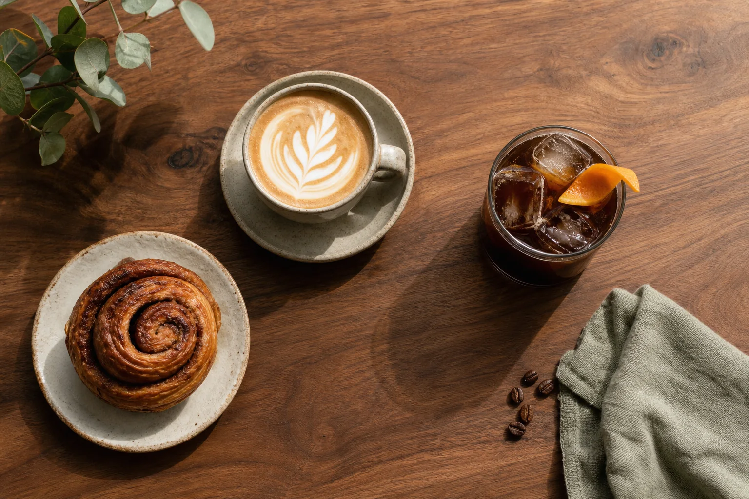 Flat white, cold brew con naranja y rol de canela sobre una mesa de madera